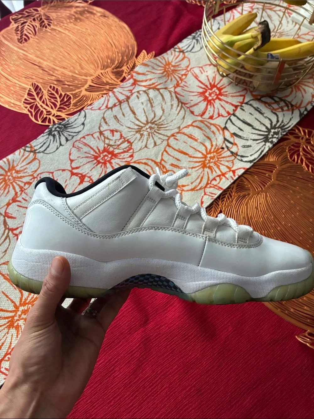 Jordan White Low-Top Sneakers with Pale Yellow-Green Sole